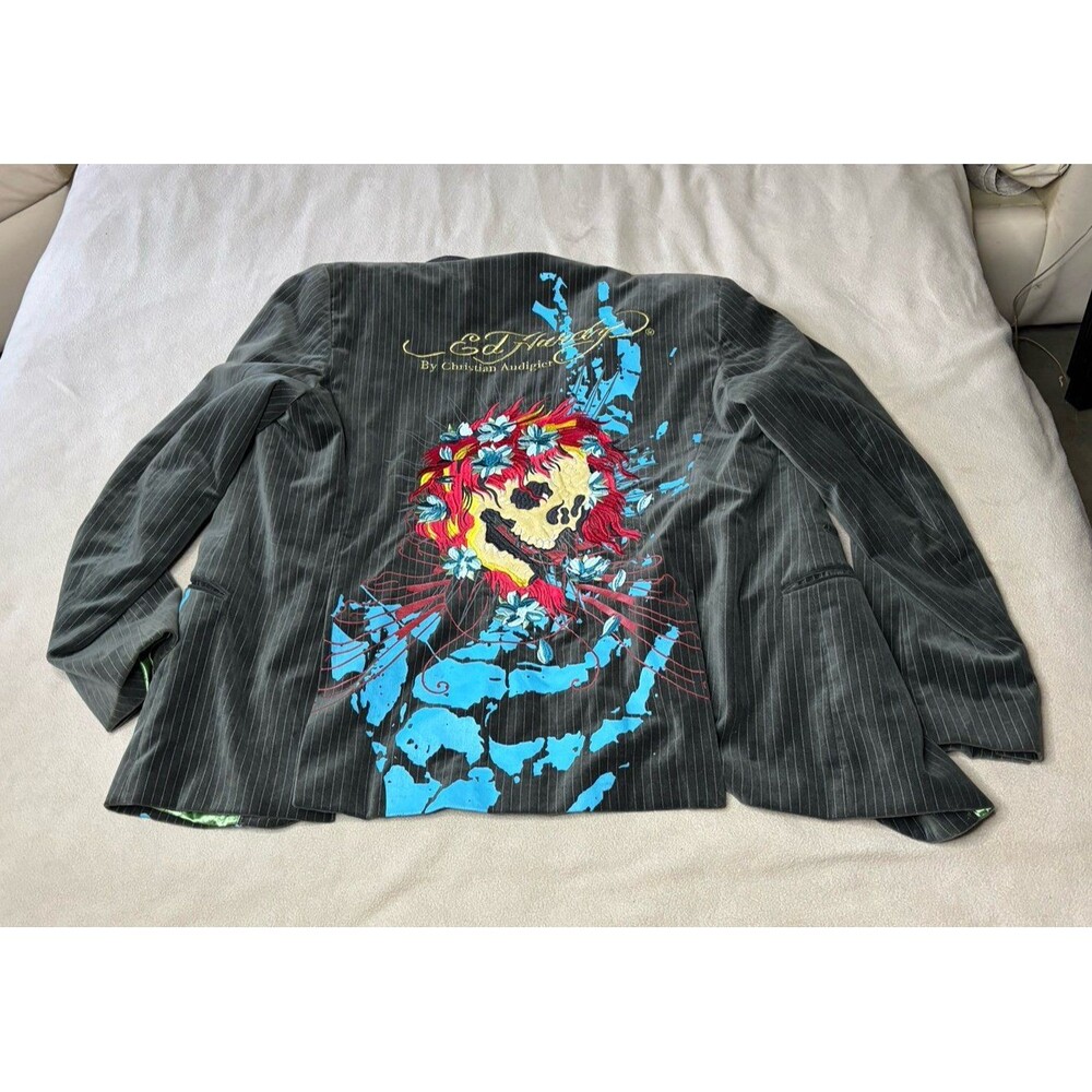 Ed Hardy Christian Audigier Suit Jacket Blazer Black Velvet Embroidered Size XL